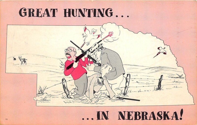 F50/ Columbus Nebraska Postcard c1960s Comic Rifles Hunting Map Pheasant