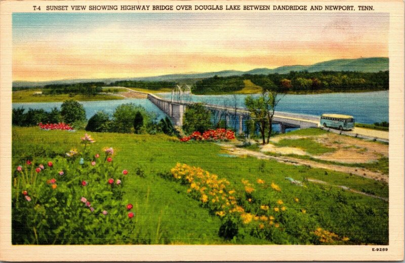 Bus on Highway Bridge over Douglas Lake Dandridge Newport Tennessee Postcard 