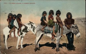Pueblo American Indians Children on Donkeys c1910 Vintage Postcard