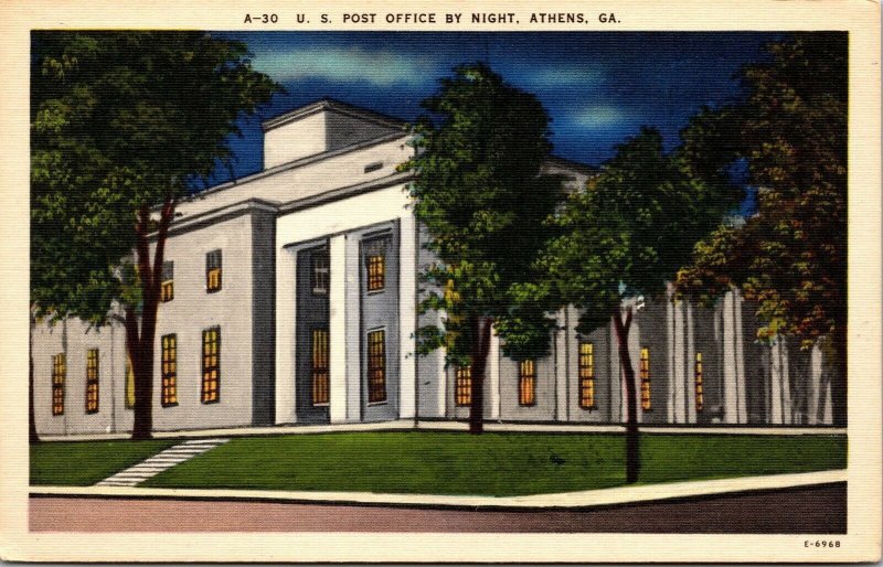 Vtg Athens Georgia GA US Post Office at Night 1940s Linen Postcard