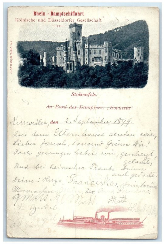 1899 Rhine Steam Shipping Cologne Stolzenfels Castle Koblenz Germany Postcard