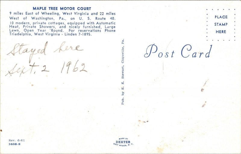 Maple Tree Motor Court Wheeling West Vitginia WV Postcard VTG UNP Dexter Vintage 