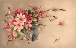 Vintage Postcard 1910s Beautiful Pink Flowers Blooms and Small Gray Bell Artwork