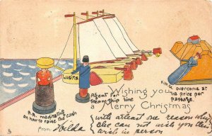 CHRISTMAS SHIPS POLITICAL SATIRE NEW YORK TO IRELAND DIPLOMAT POSTCARD 1909