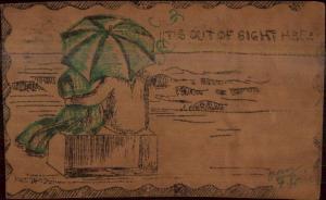 Real Leather Couple Romance Umbrella Beach c1905 Color Postcard