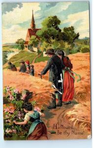 1907 Lord's Prayer Hallowed be thy name walking to church bible old Postcard A66