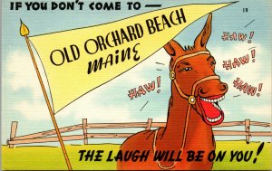 Vtg 1940s Old Orchard Beach Maine Donkey Yellow Pennant Unused Comic Postcard