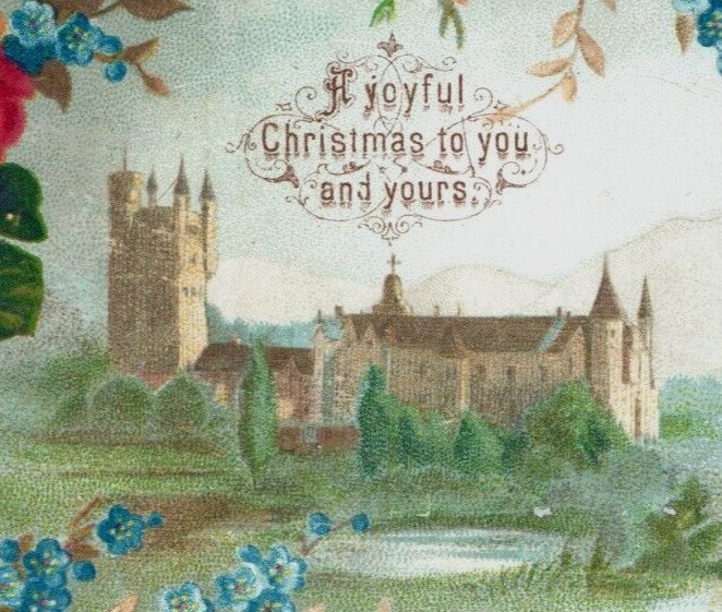 1880s Victorian Christmas Trade Card Church Castle Flowers #6K