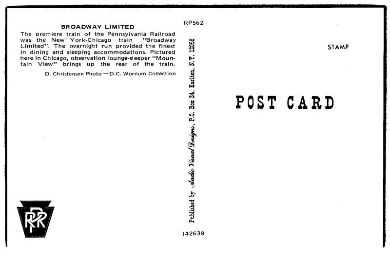 Railroad Locomotive Train Postcard - PRR Pennsylvania Railroad  Broadway Limited