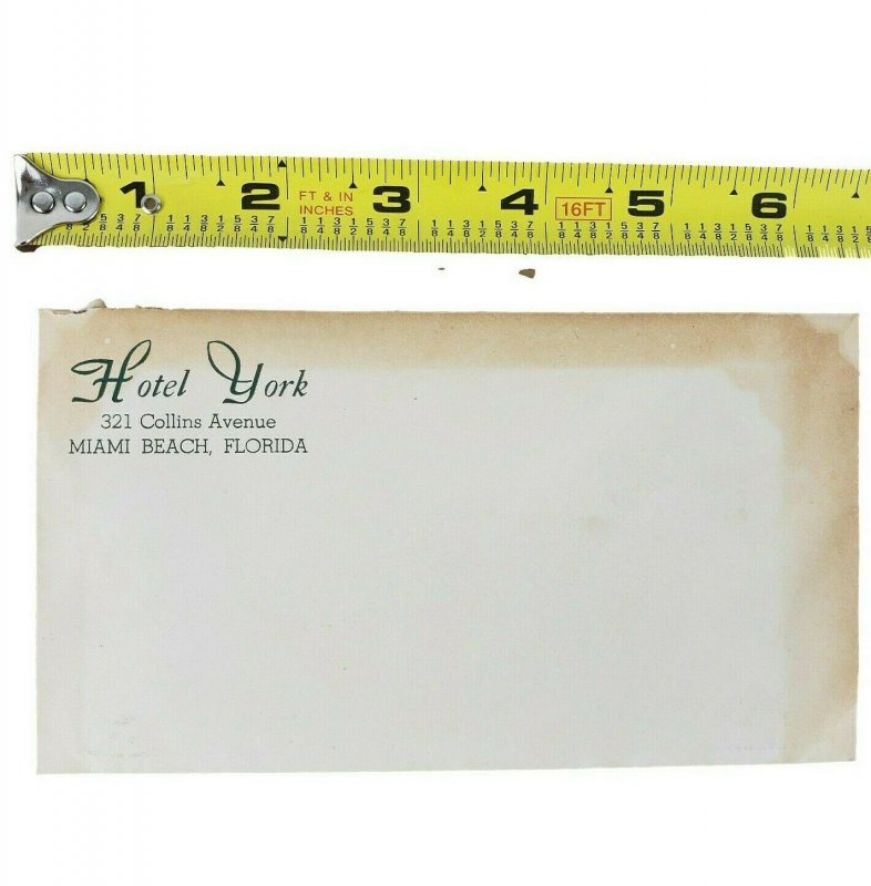 Hotel York Miami Beach FL Florida 1938 Stationary Envelope Paper Vintage Rare