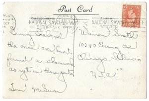 Glendalough, Ireland to Chicago, Illinois 1949 Post Card, Roller Cancel, Tower