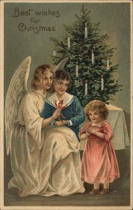 Christmas Angel Gives Clown Jester Doll to Little Girl c1910 Vintage Postcard