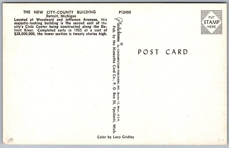 Vtg Detroit Michigan MI City County Building 1950s View Postcard