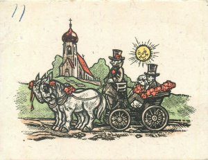 Drawn wedding coach carriage caricature postcard Germany