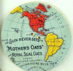 1890's Mother's oats Royal Seal Oats Die Cut World Globe Trade Card Toy F103