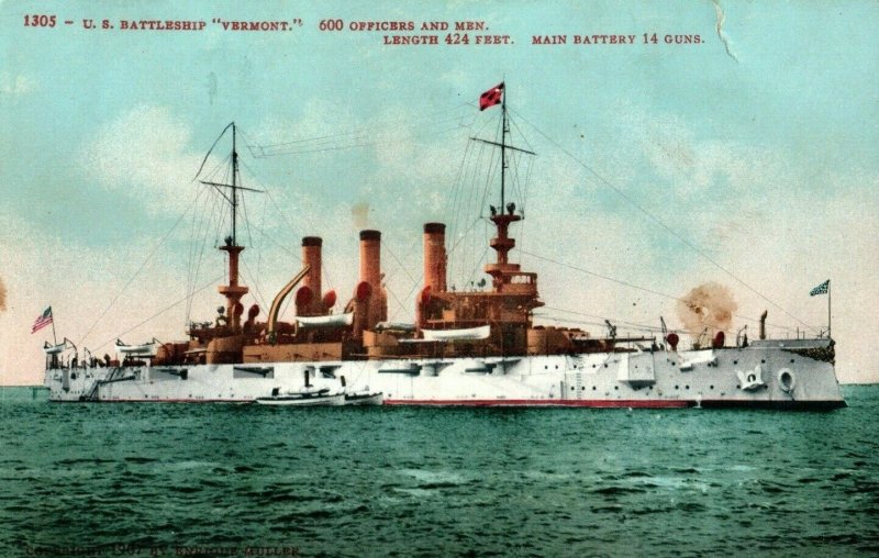 c1910 U.S.S Vermont Battleship 424 Feet 14 Guns Vintage Postcard P118