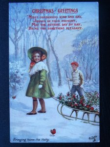 CHRISTMAS GREETINGS Bringing Home The Holly c1908 Postcard Raphael Tuck 9608