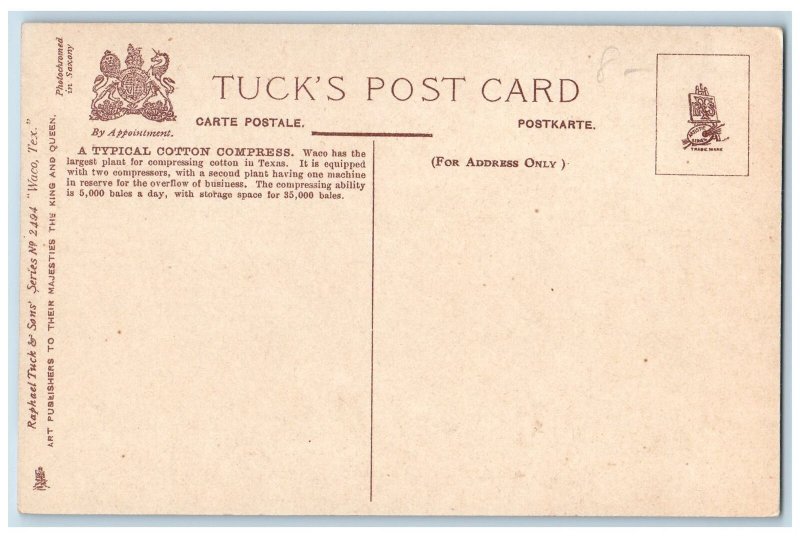 Waco Texas TX Postcard Bird's Eye View Of A Typical Cotton Compress c1910's Tuck