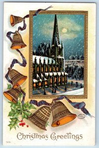 Christmas Postcard Greetings Ringing Bells Berries Snow Winter Embossed c1910's