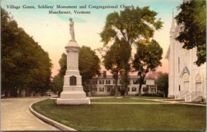 Hand Colored PC Village Green Soldiers' Monument Church Manchester, Vermont