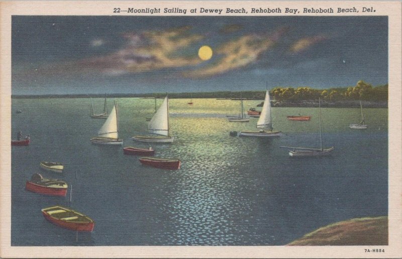 Postcard Moonlight Sailing Dewey Beach  Rehoboth Beach Delaware DE