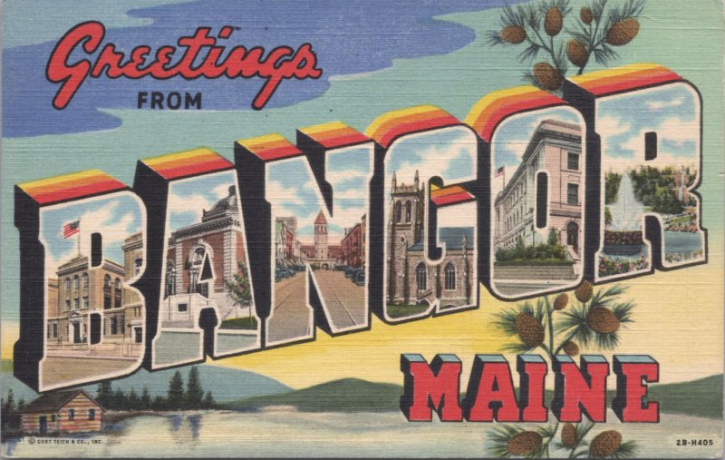 Greetings from Bangor Maine Large Letter Multi View Cabin Pine Tree 1949