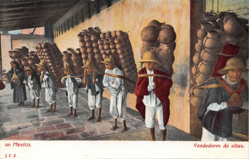 MEXICO VENDEDORES de OLLAS~POT PEDDLERS~POTTERY~J GRANAT PUBL POSTCARD 1905