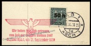 3rd Reich Germany 1938 Mi1 I Sudetenland Annexation on Piece Cover 69828