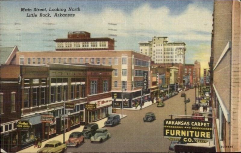 Little Rock AR Main St. North Cars & Store Signs Sears Linen Postcard