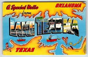 Greetings Hello From Lake Texoma Texas Oklahoma Large Letter Map Chrome Postcard