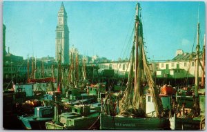 Fishing Boats Harbor Boston Massachusetts House In Background & Skyline Postcard