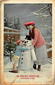 DIE BESTEN WÜNSCHE ZUM NEUEN JAHR-GIRL MOTHER & SNOWMAN~SWISS NEW YEARS POSTCARD