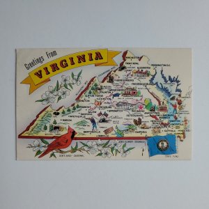 Virginia Greetings Map Cities Towns Points of Interest VA Postcard Posted