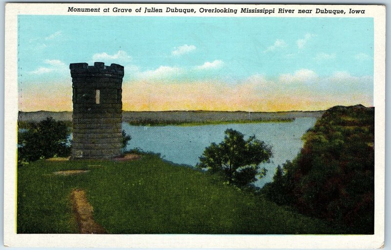 c1940s Dubuque, IA Monument Grave Julien Dubuque Pioneer Founder River PC A252