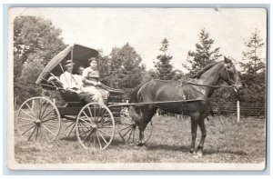 c1910's Woman Horse And Buggy Scene Field Posted Antique RPPC Photo Postcard