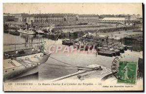 Old Postcard Cherbourg Basin Charters and X & # 39atelier torpedo boats