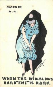 Art Deco Woman Fernandez Wind blowing Skirt 1930s Postcard 11994