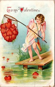 Valentine's Day PC Cherub Angel Using Fishing Net to Scoop Hearts From Water