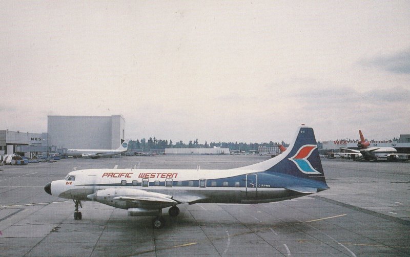 PACIFIC WESTERN AIRLINES CONVAIR CV-640 AT SEATTLE - TACOMA AIRPORT POSTCARD