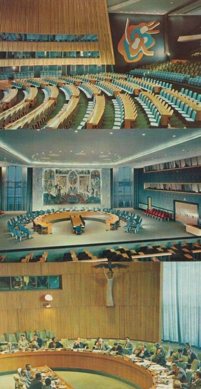 United Nations Security Council Chamber Assembly Hall 3x USA 1960s Postcard s