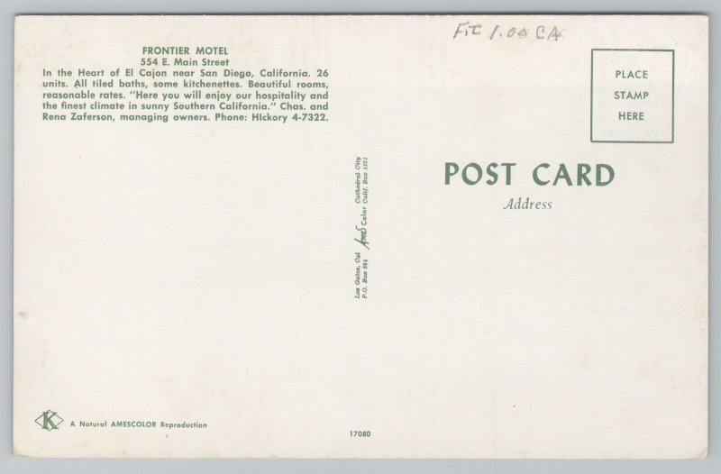 Roadside Motel~Frontier Motel San Diego~Vintage Postcard 
