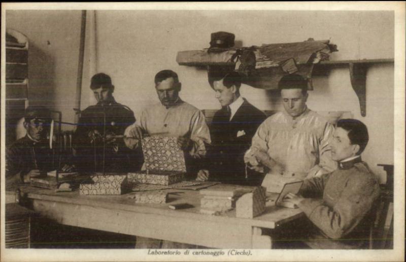 Italy - Blind Men Work in Laboratory of Cardboard c1920 Postcard 