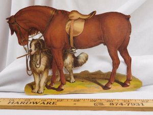 Large Victorian Die-Cut Horse Dog Saddle Reins Beautiful Image #S