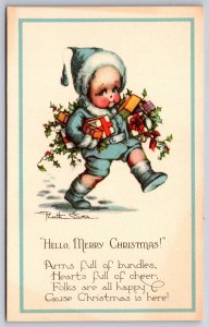 Ruth Welch Siver Christmas~Cute Lil Boy In Blue Santa Suit w/Gifts & Holly~Poem