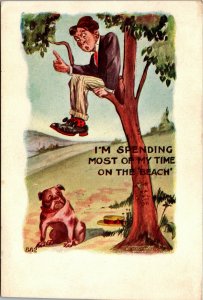 Vtg Spending most of my time on beach Dog Chasing Man Up Tree Comic Postcard
