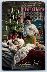 Christmas Postcard Mother Seeing Children Sleeping Houses Scene Dowagiac MI 1912