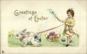 Easter - Cute Little Girl Rabbit on Leash 309E c1915 Postcard