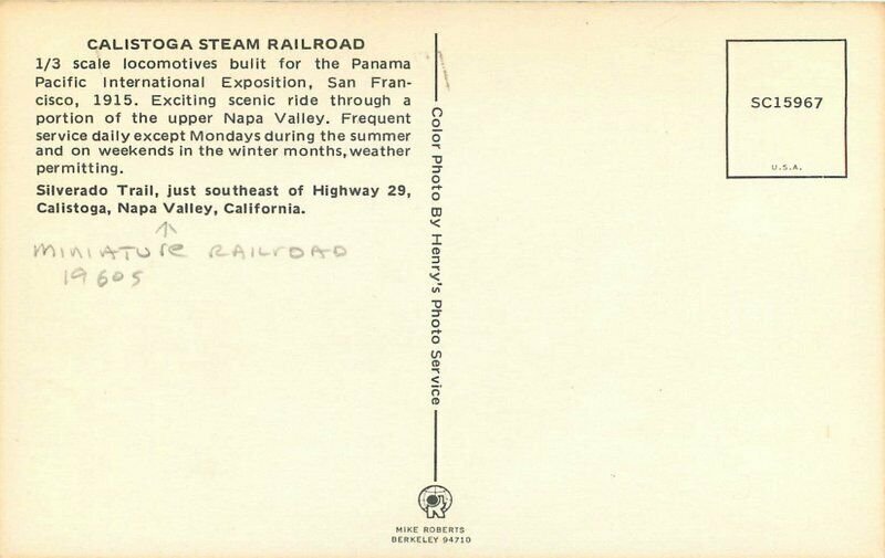 Calistoga Steam miniature  Railroad Postcard 1950s Napa Valley California 9084