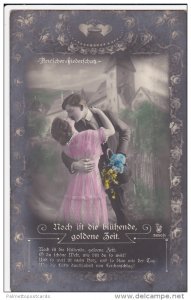 Hand Tinted RP: Man w/ Bouquet of Flowers Kissing Woman in Front of House 1925
