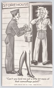 Storehouse~c1944~Can You Lend Me Little More Camouflage Paint~Soldier Hides Girl